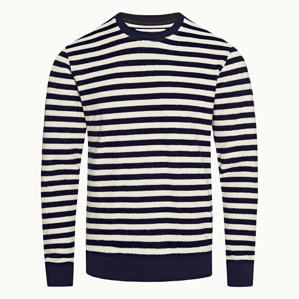 Orlebar Brown Men's Pierce Luxe Towelling Stripe Sweatshirt - Ink/White Sand Image 1