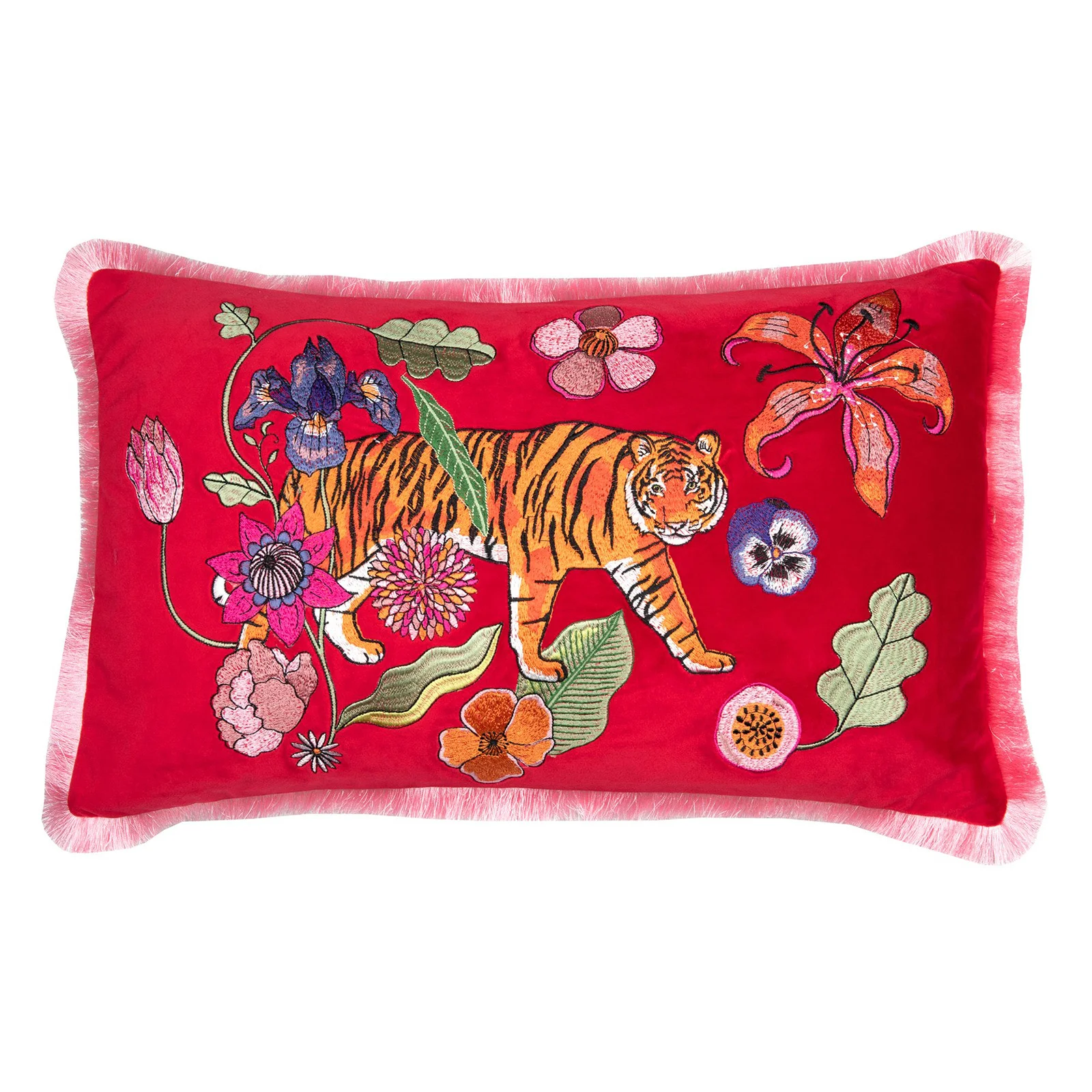 Karen Mabon Tiger Bouqet Bolster Cushion - Red - 50x30cm Image 1