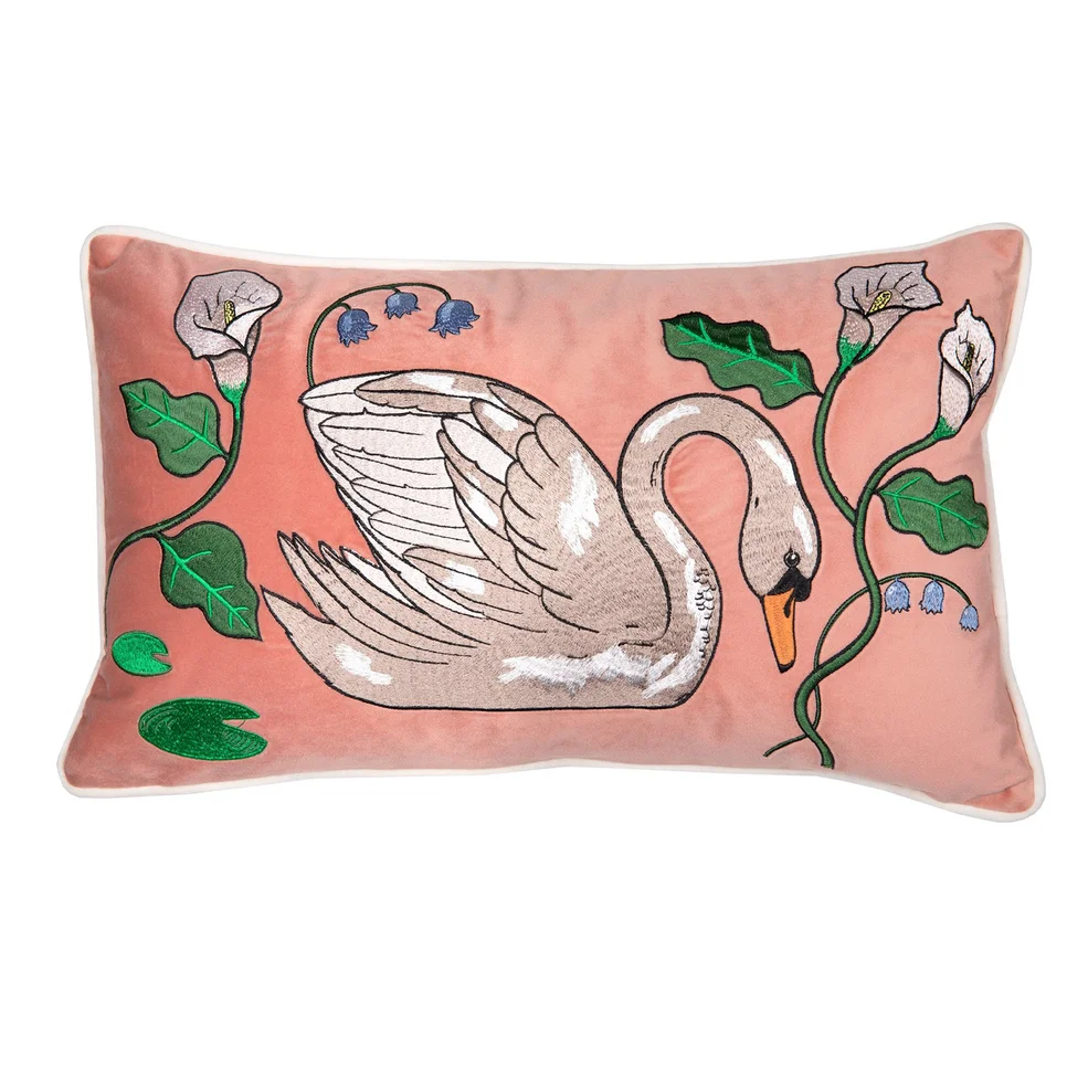 Karen Mabon Botanic Swan Embroidered Cushion - Pink - 50x30cm Image 1