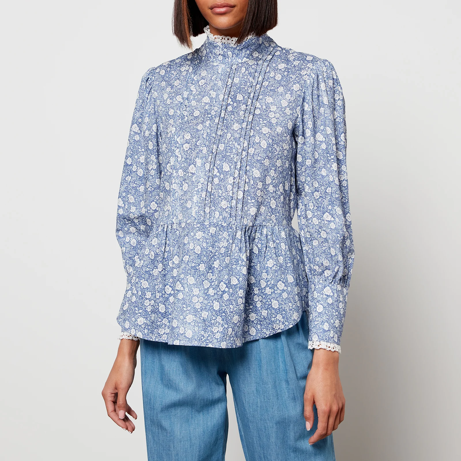 See By Chloe Women's High Neck Floral Blouse - Blue White Image 1