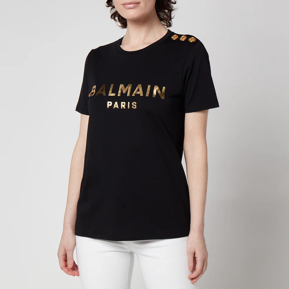 Balmain Women's 3 Button Metallic Printed Balmain T-Shirt - Black Image 1