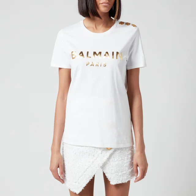 Balmain Women's 3 Button Metallic Printed Balmain T-Shirt - White
