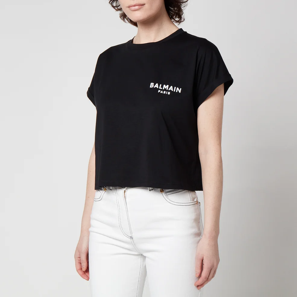 Balmain Women's Cropped Flock Detail T-Shirt - Black Image 1