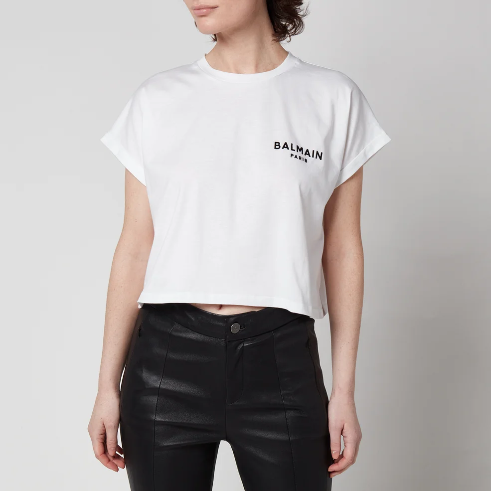 Balmain Women's Cropped Flock Detail T-Shirt - White Image 1