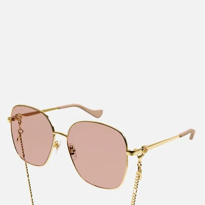 Gucci Women's Round Metal Sunglasses With Chain - Gold/Gold/Orange