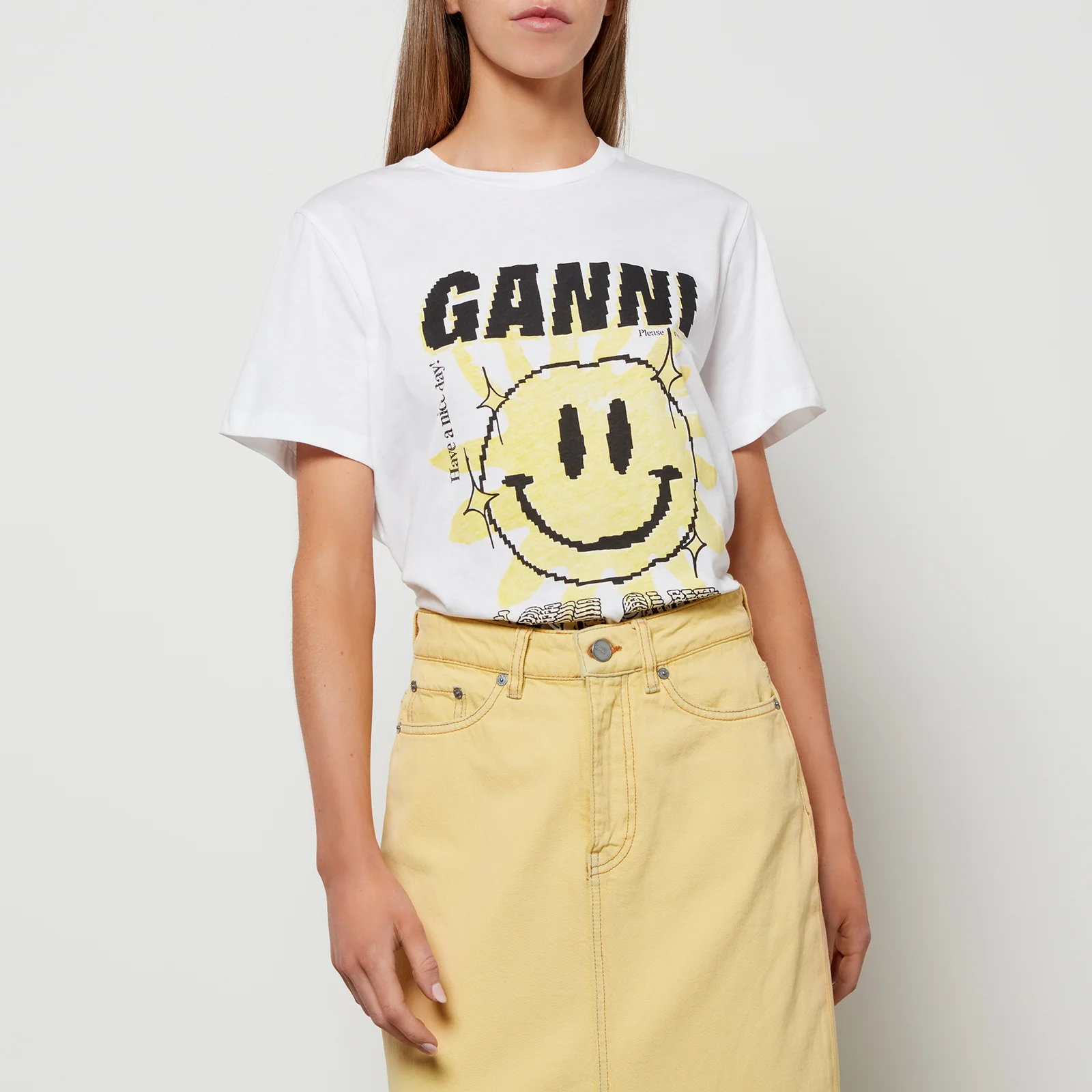 Ganni Women's Light Cotton Jersey Smiley Face T-Shirt - Bright White/Yellow Image 1