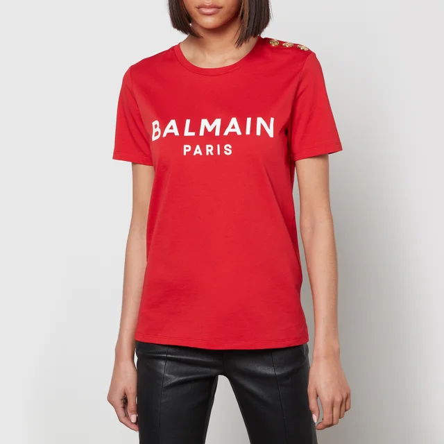 Balmain Women's Short Sleeve 3 Button Printed Balmain T-Shirt - Rouge/Blanc