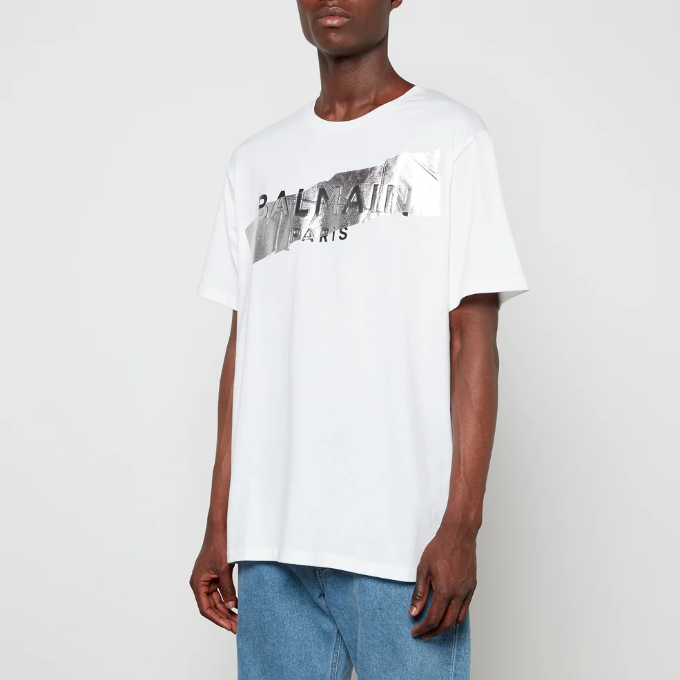 Balmain Men's Silver Tape T-Shirt - White/Black/Silver Image 1