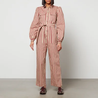 Kitri Women's Angie Striped Canvas Jumpsuit - Berry Ticking Stripe