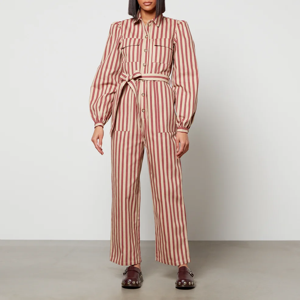 Kitri Women's Angie Striped Canvas Jumpsuit - Berry Ticking Stripe Image 1