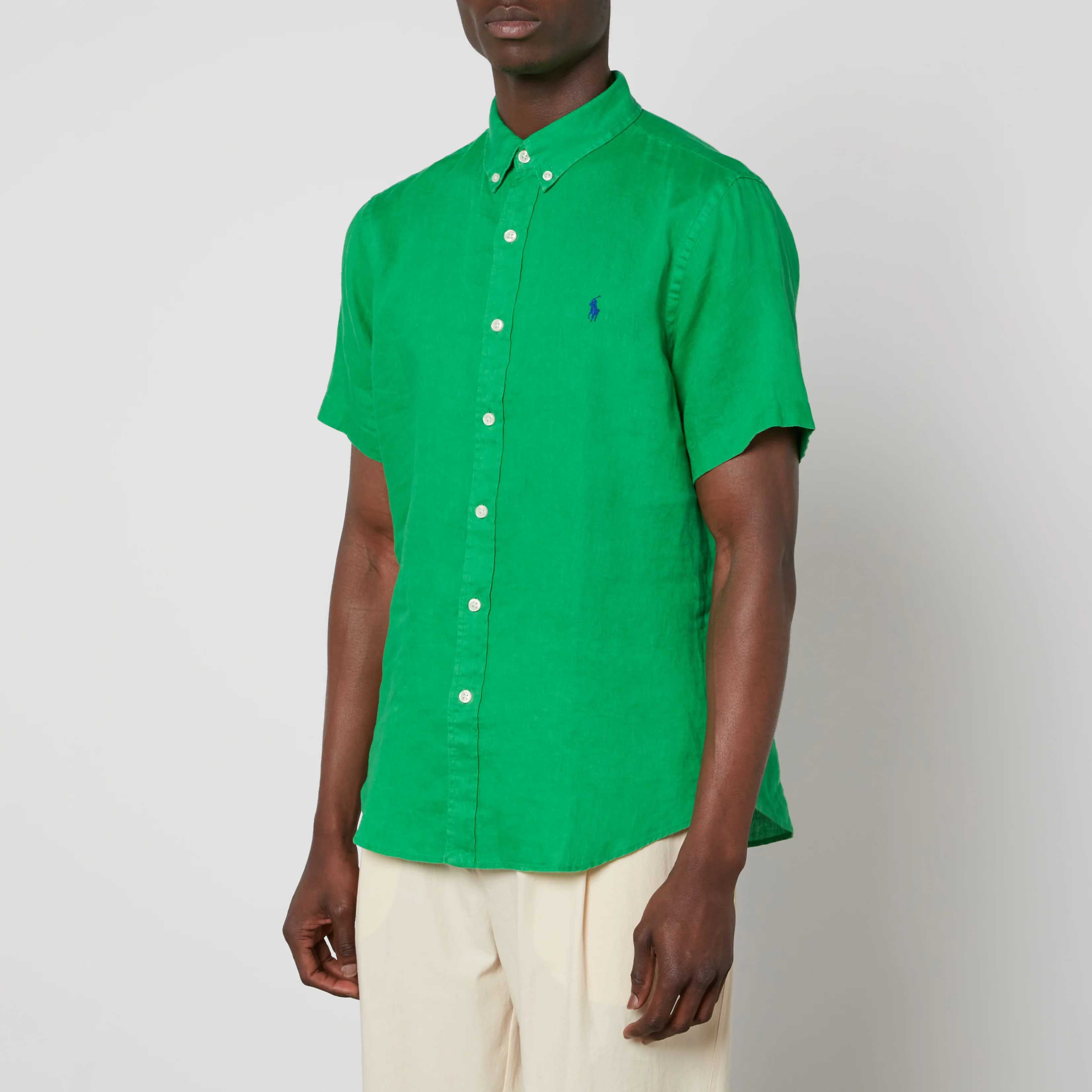 Polo Ralph Lauren Men's Slim Fit Linen Short Sleeved Shirt - Golf Green Image 1