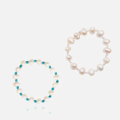 Hermina Athens Women's Knotted Pearl Rings White & Turquoise Set of 2 - White/Turquoise