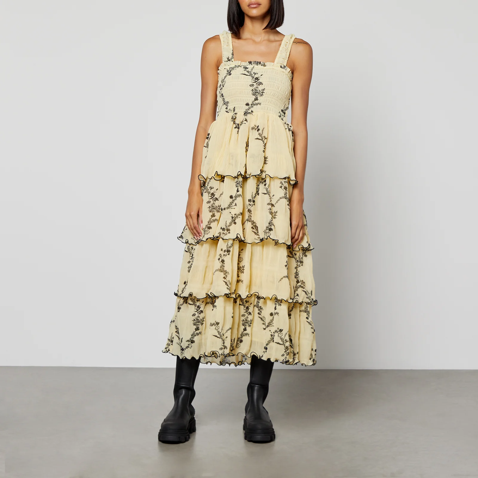 Ganni Floral-Printed Smocked Crinkled Georgette Tiered Midi Dress Image 1