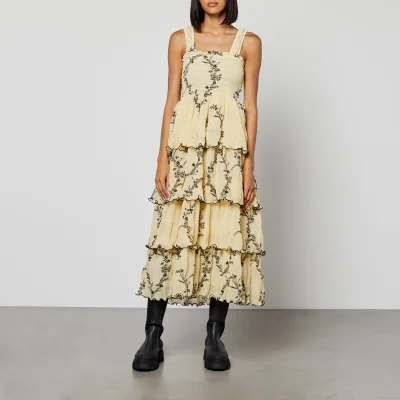 Ganni Floral-Printed Smocked Crinkled Georgette Tiered Midi Dress