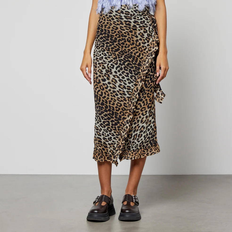Ganni Leopard Print Mesh Wrap Midi Skirt Image 1