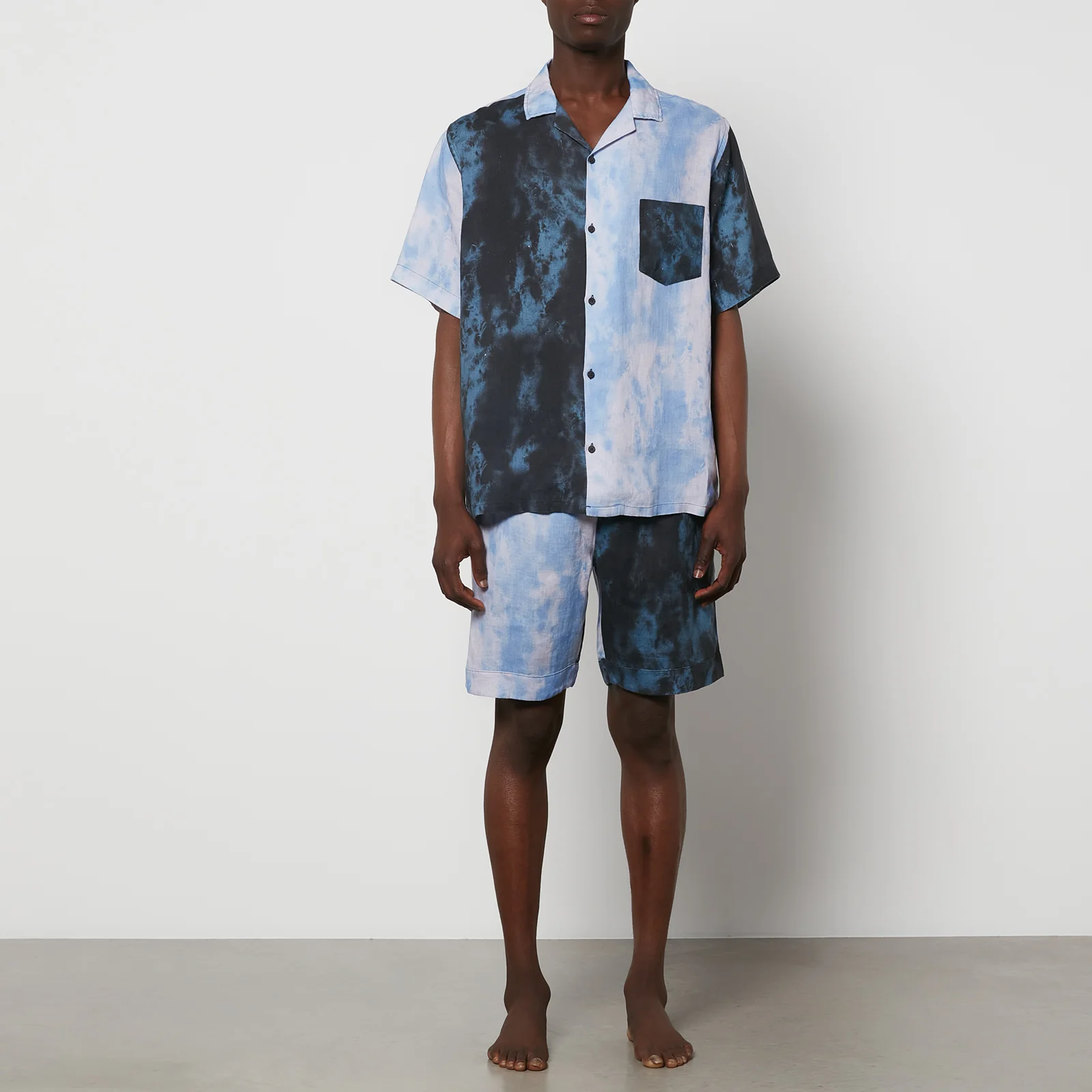 Desmond & Dempsey Men's Summer Dusk Cuban Pyjama Set - Patchwork Navy/Sky Blue Image 1