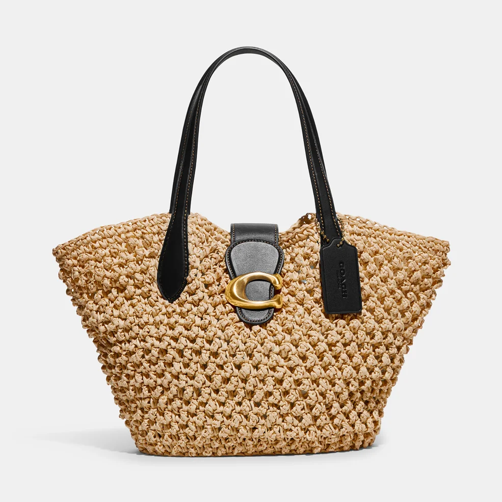 Coach Women's Small Popcorn Texture Paper Straw Tote Bag - Natural/Black Image 1