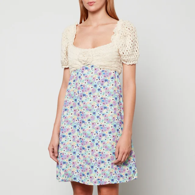 RIXO Pearl Crochet and Floral-Print Linen-Blend Mini Dress