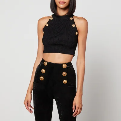 Balmain Cropped Embellished Stretch-Knit Top
