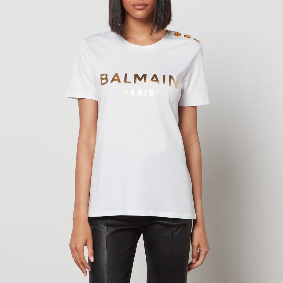 Balmain Women's 3 Buttoned Metallic Balmain T-Shirt - White/Gold Image 1