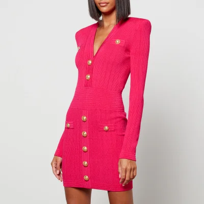 Balmain Women's Short V Neck Buttoned Details Knit Dress - Pink