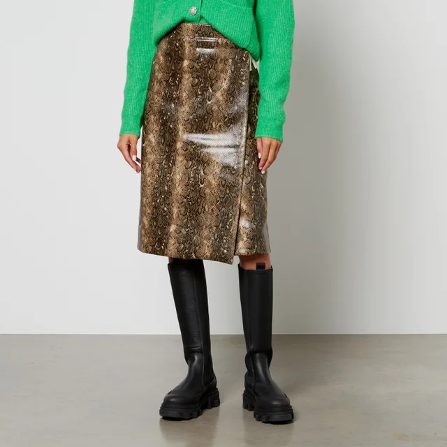 Ganni Snake-Print Faux Leather Wrap Midi Skirt