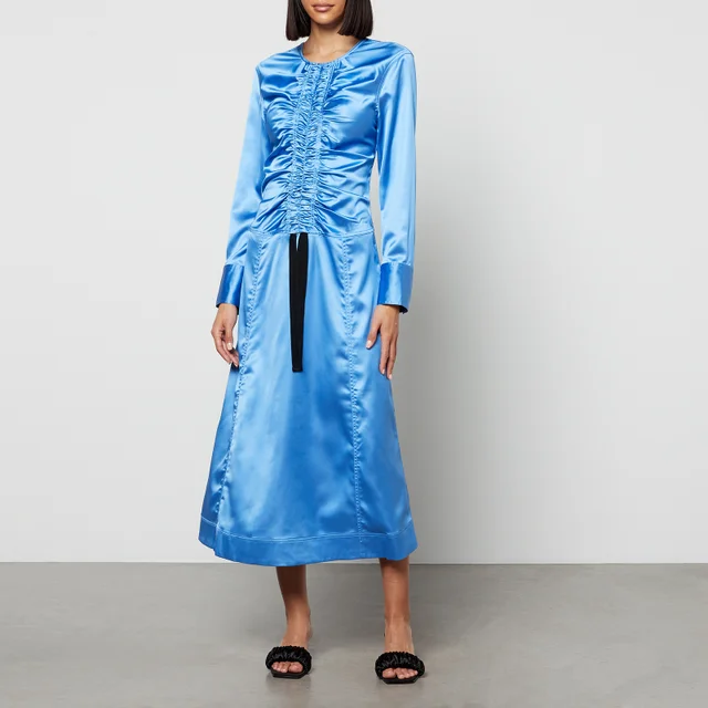 Ganni Cutout Ruched Stretch-Satin Midi Dress