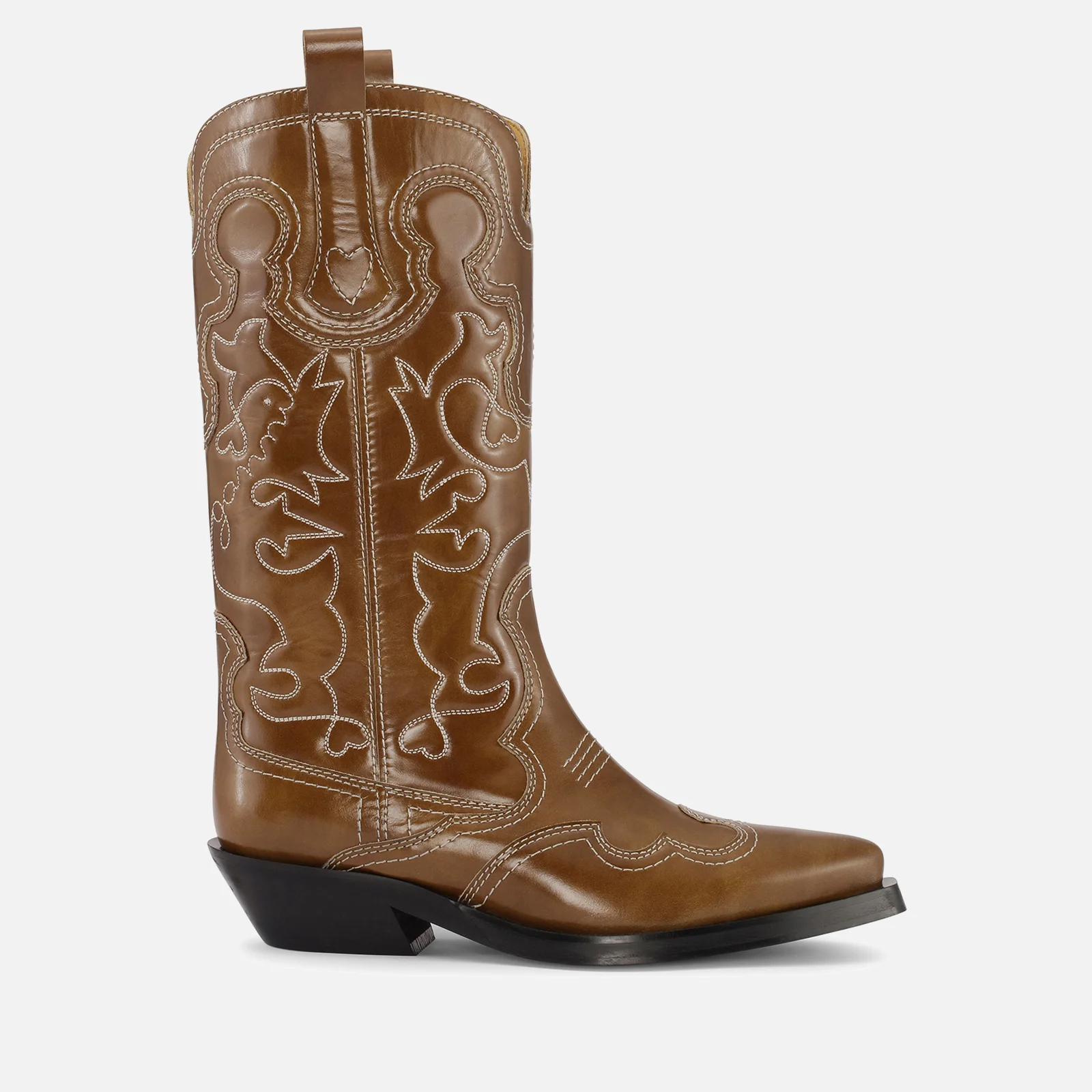 Ganni Mid-Rise Embroidered Leather Western Boots Image 1
