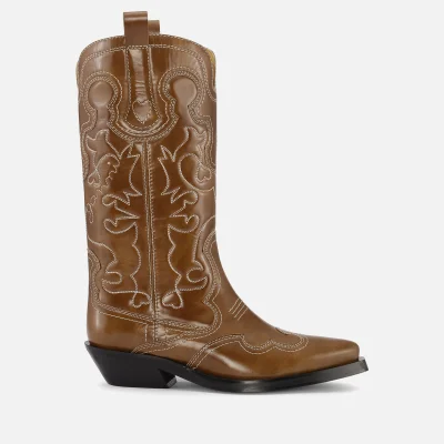 Ganni Mid-Rise Embroidered Leather Western Boots