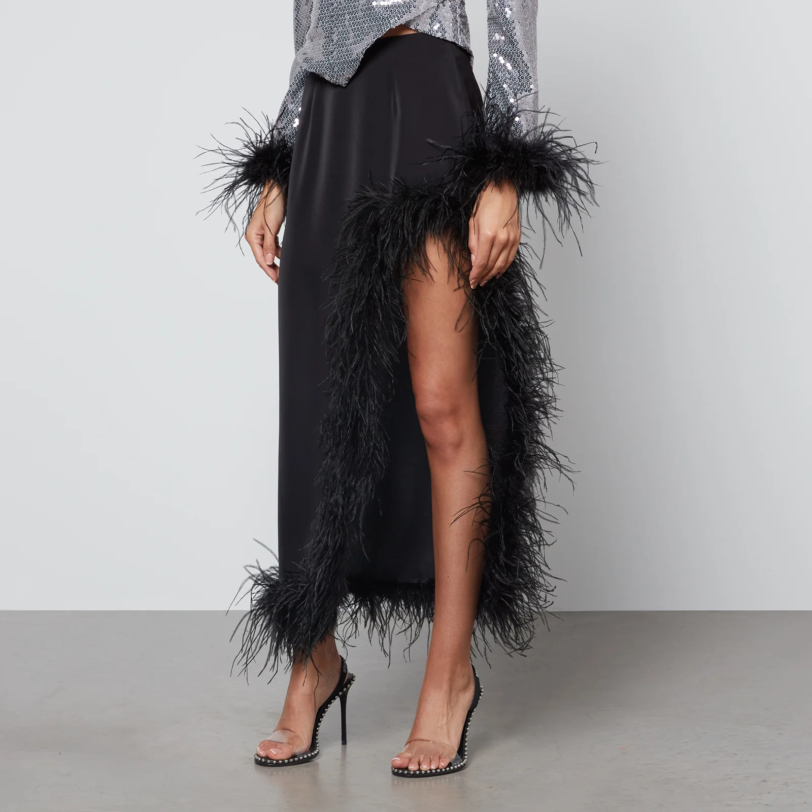 De La Vali Lulo Feather-Trimmed Satin Midi Skirt Image 1