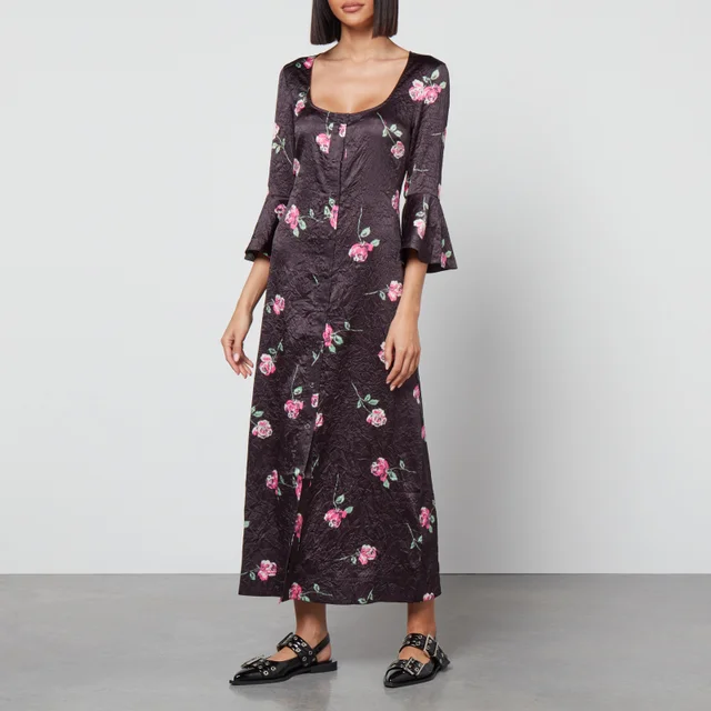 Ganni Floral-Print Crinkled Satin Midi Dress