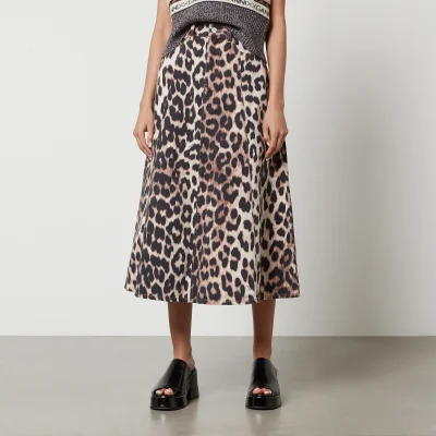 Ganni Leopard-Print Organic Denim Midi Skirt