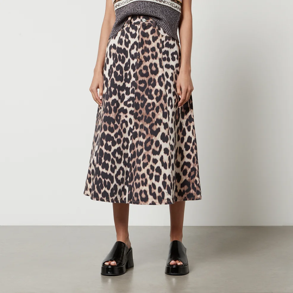Ganni Leopard-Print Organic Denim Midi Skirt Image 1