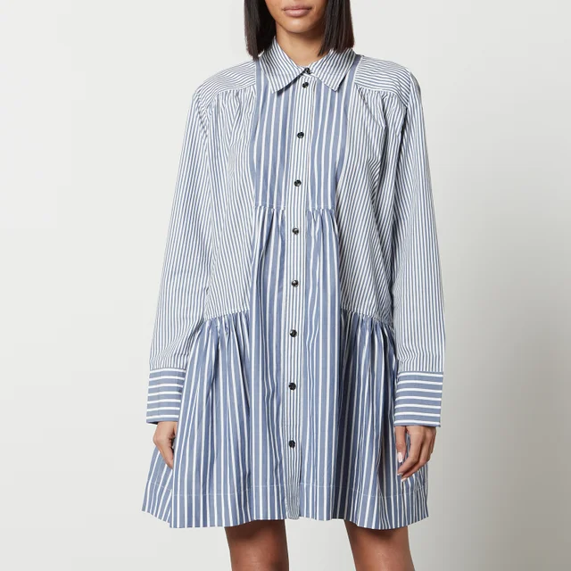 Ganni Striped Cotton-Poplin Mini Shirt Dress
