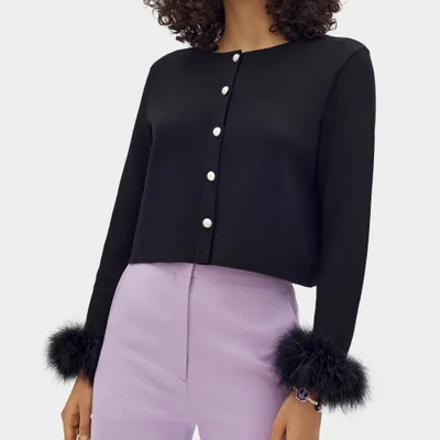 Sleeper Cropped Feather-Trimmed Stretch-Knit Cardigan