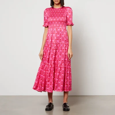 Kitri Gracie Shirred Printed Satin-Twill Midi Dress