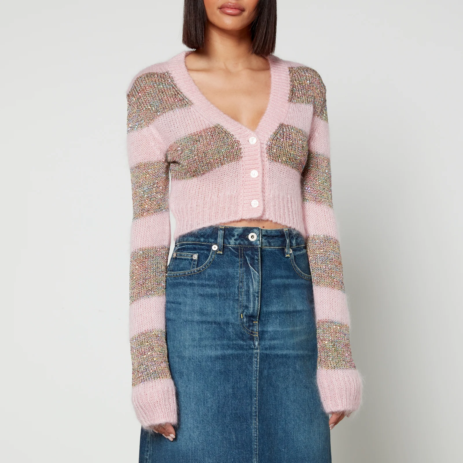 Marni Cropped Sequined Striped Knitted Cardigan Image 1
