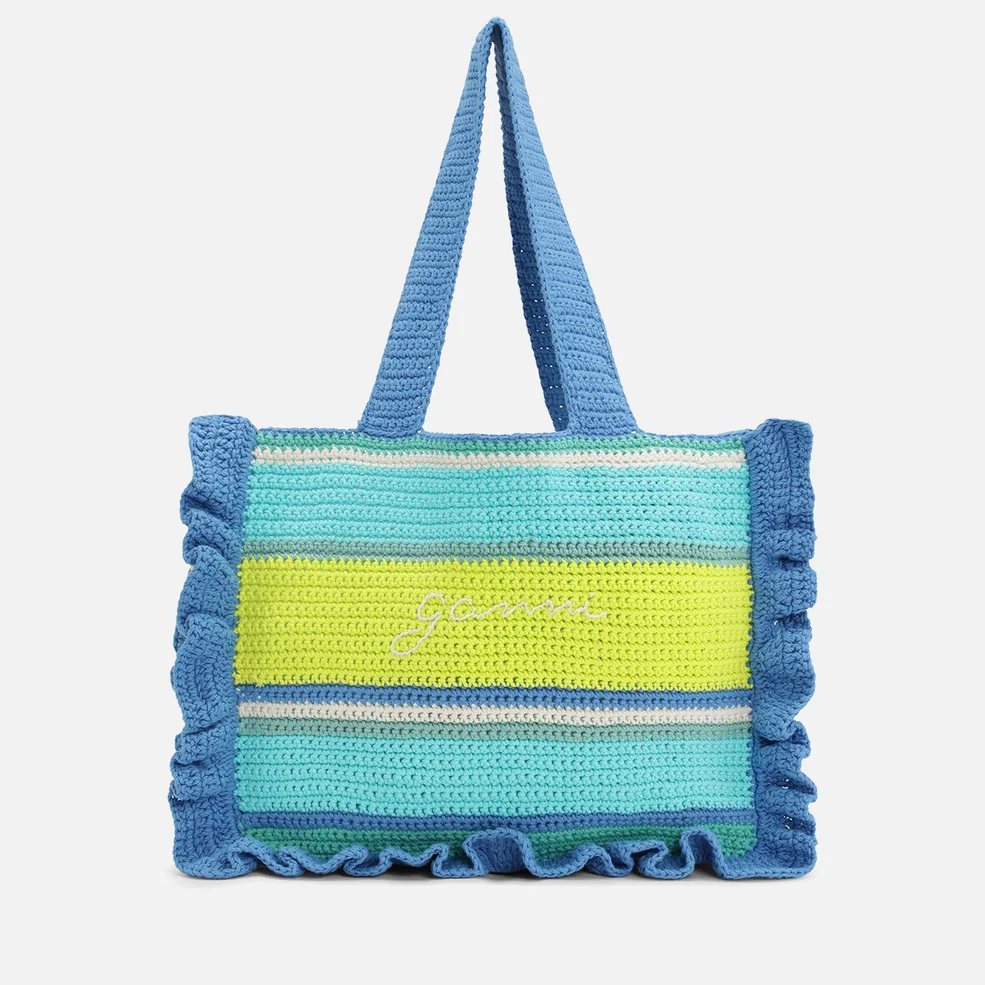 Ganni Frill Striped Cotton Crochet Tote Bag Image 1