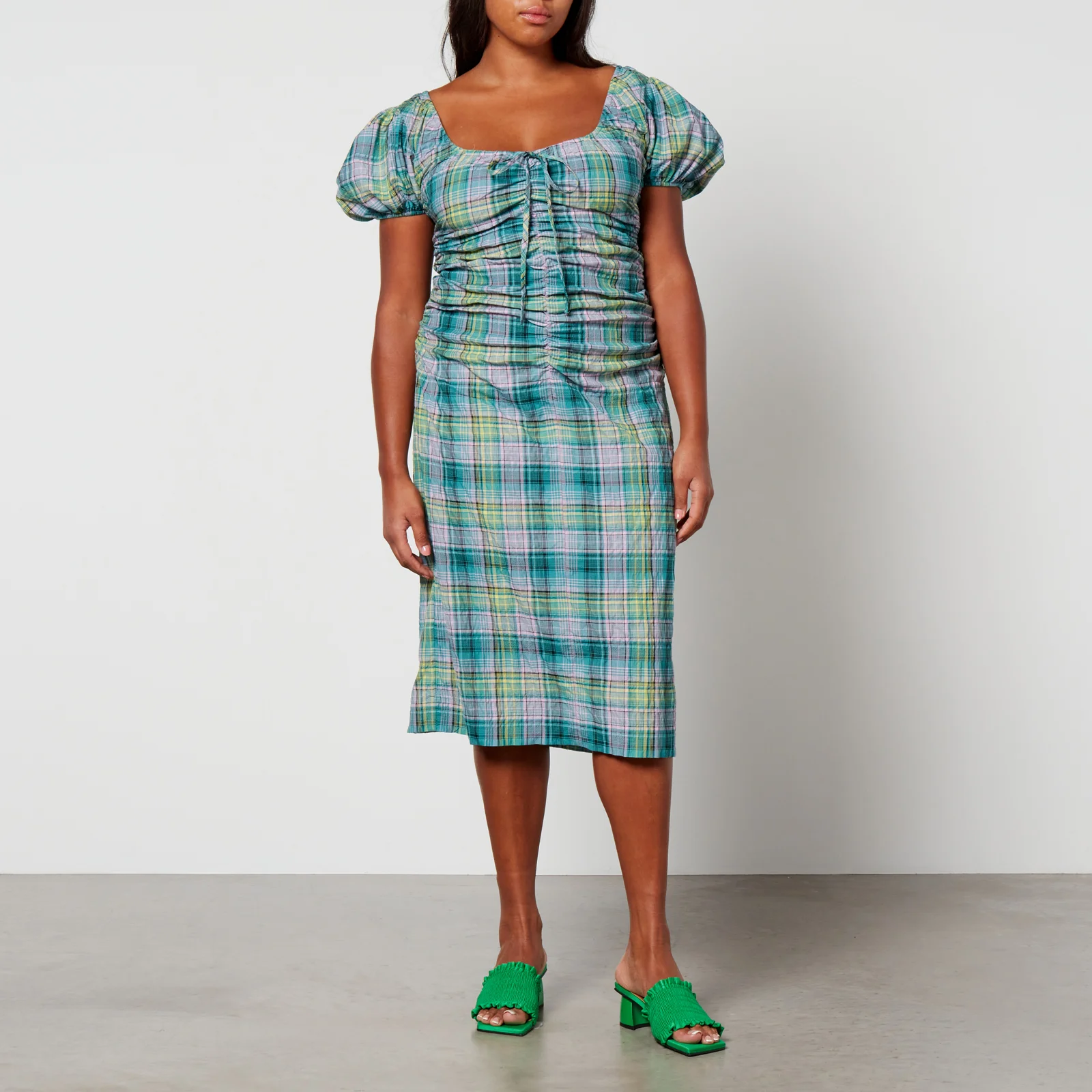 Ganni Checked Cotton-Blend Seersucker Midi Dress Image 1