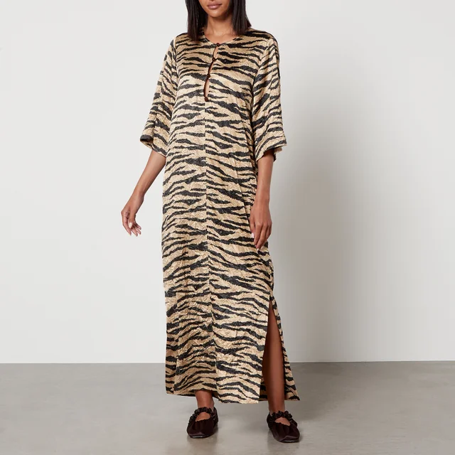 Ganni Tiger-Print Crinkled-Satin Maxi Dress