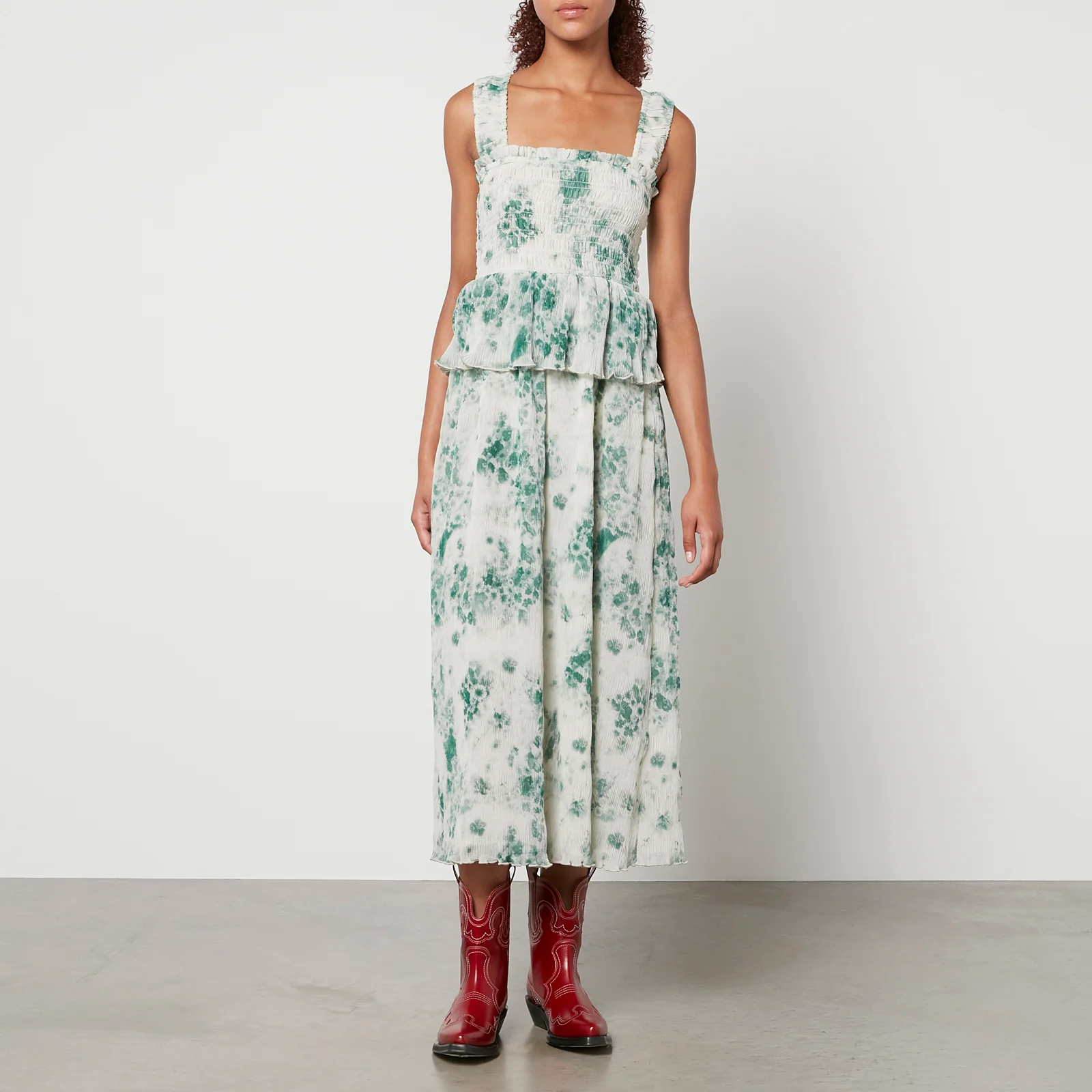 Ganni Pleated Floral-Print Smocked Crepon Midi Dress Image 1