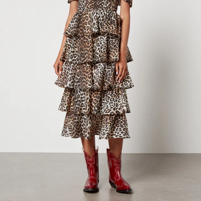 Ganni Leopard-Print TENCEL-Blend Tiered Midi Skirt
