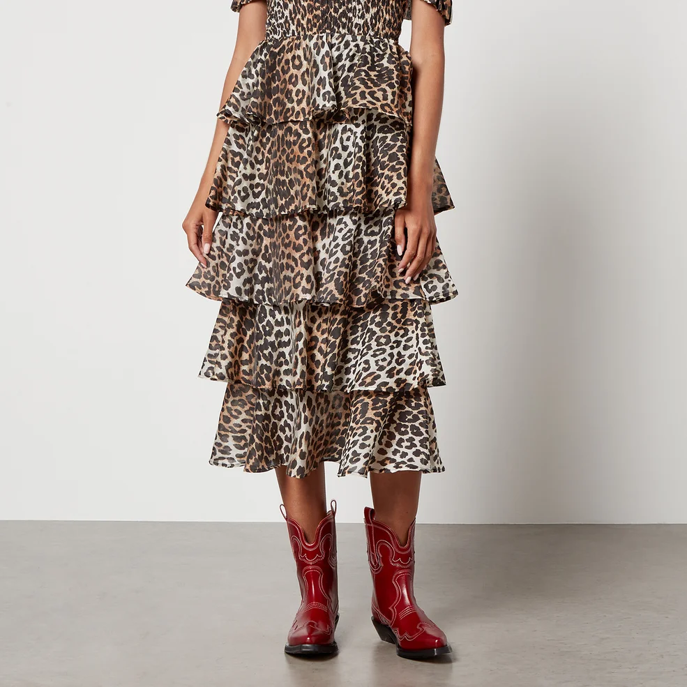 Ganni Leopard-Print TENCEL-Blend Tiered Midi Skirt - EU 38/UK 10 Image 1