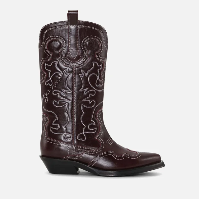 Ganni Women's Mid Shaft Embroidered Leather Western Boots