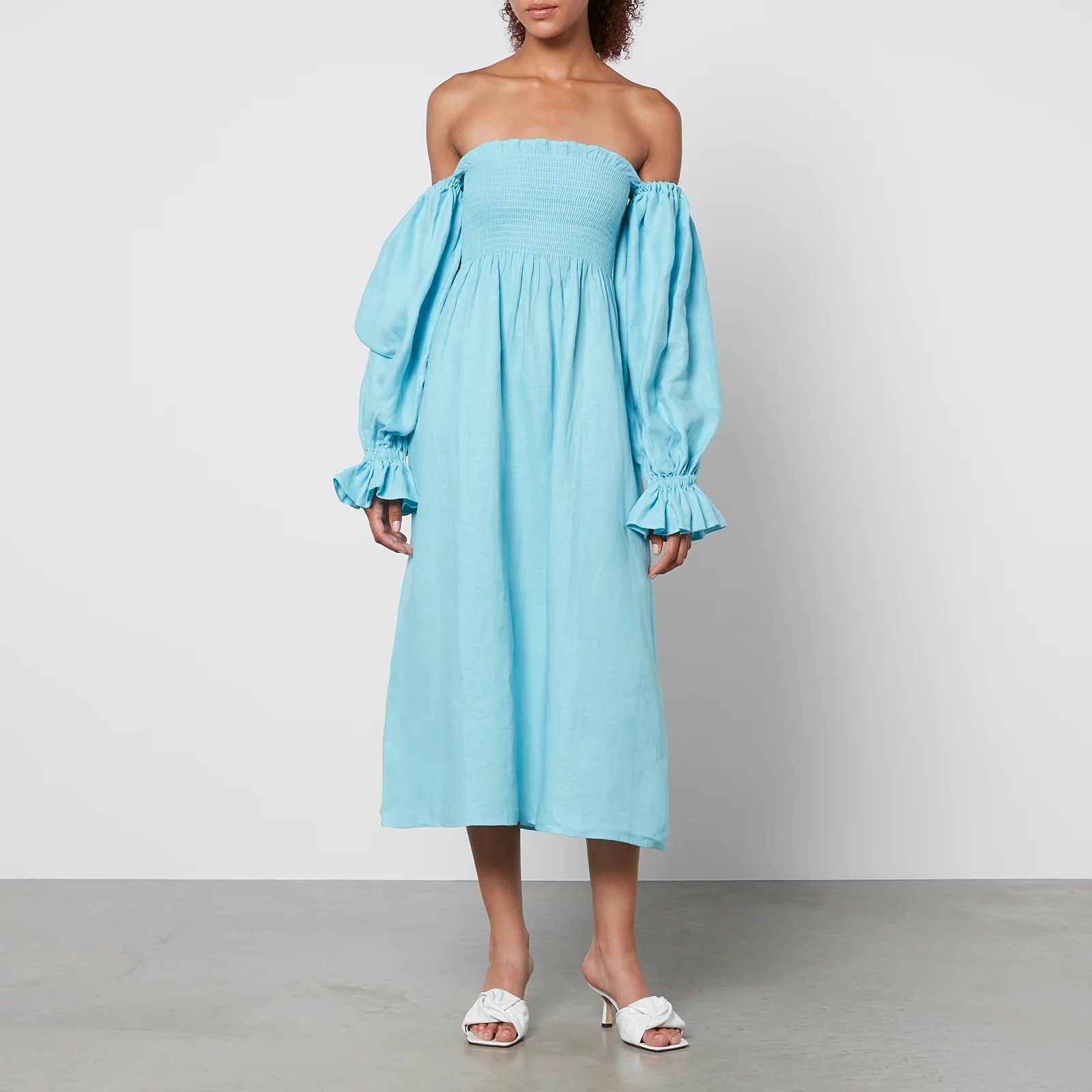 Sleeper Atlanta Shirred Linen Off-The-Shoulder Dress Image 1