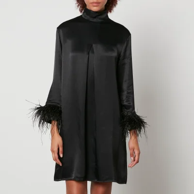 Sleeper Party Shirt Feather-Trimmed Satin Dress - S