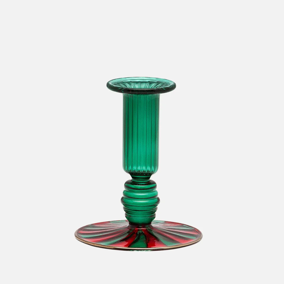 anna + nina Pine Green Striped Glass Candle Holder Image 1