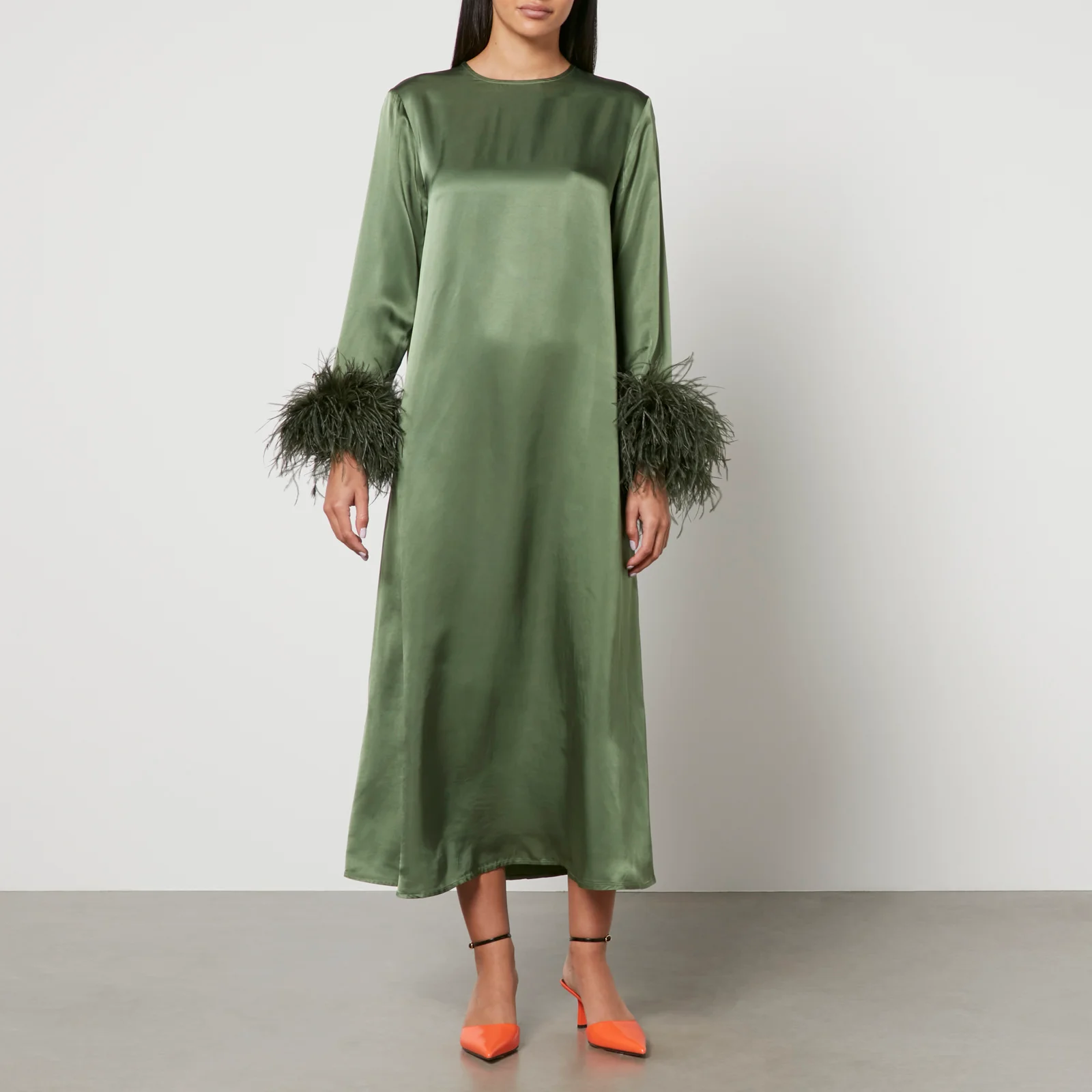 Sleeper Suzi Feather-Trimmed Satin Midi Dress - XS Image 1