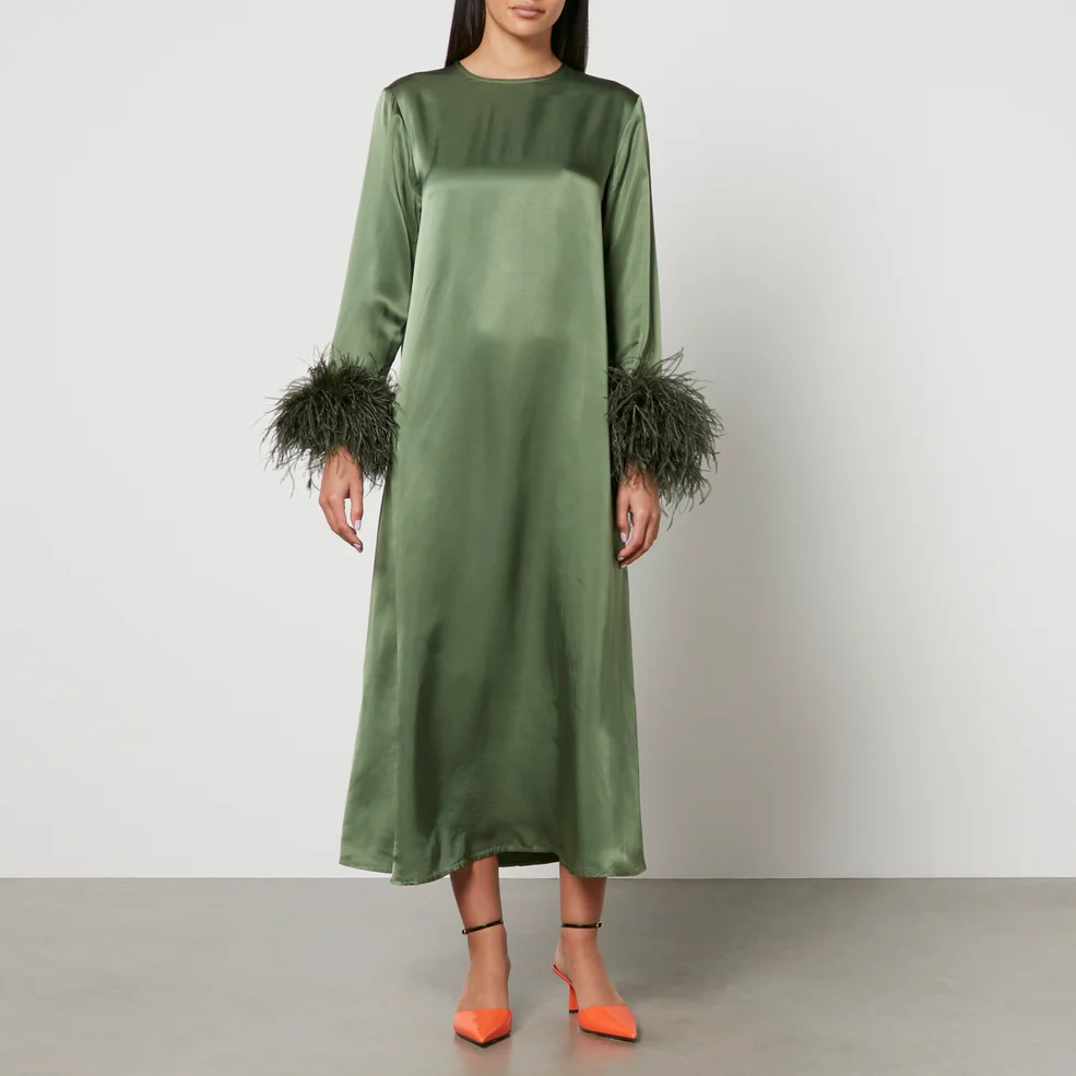 Sleeper Suzi Feather-Trimmed Satin Midi Dress - XS Image 1