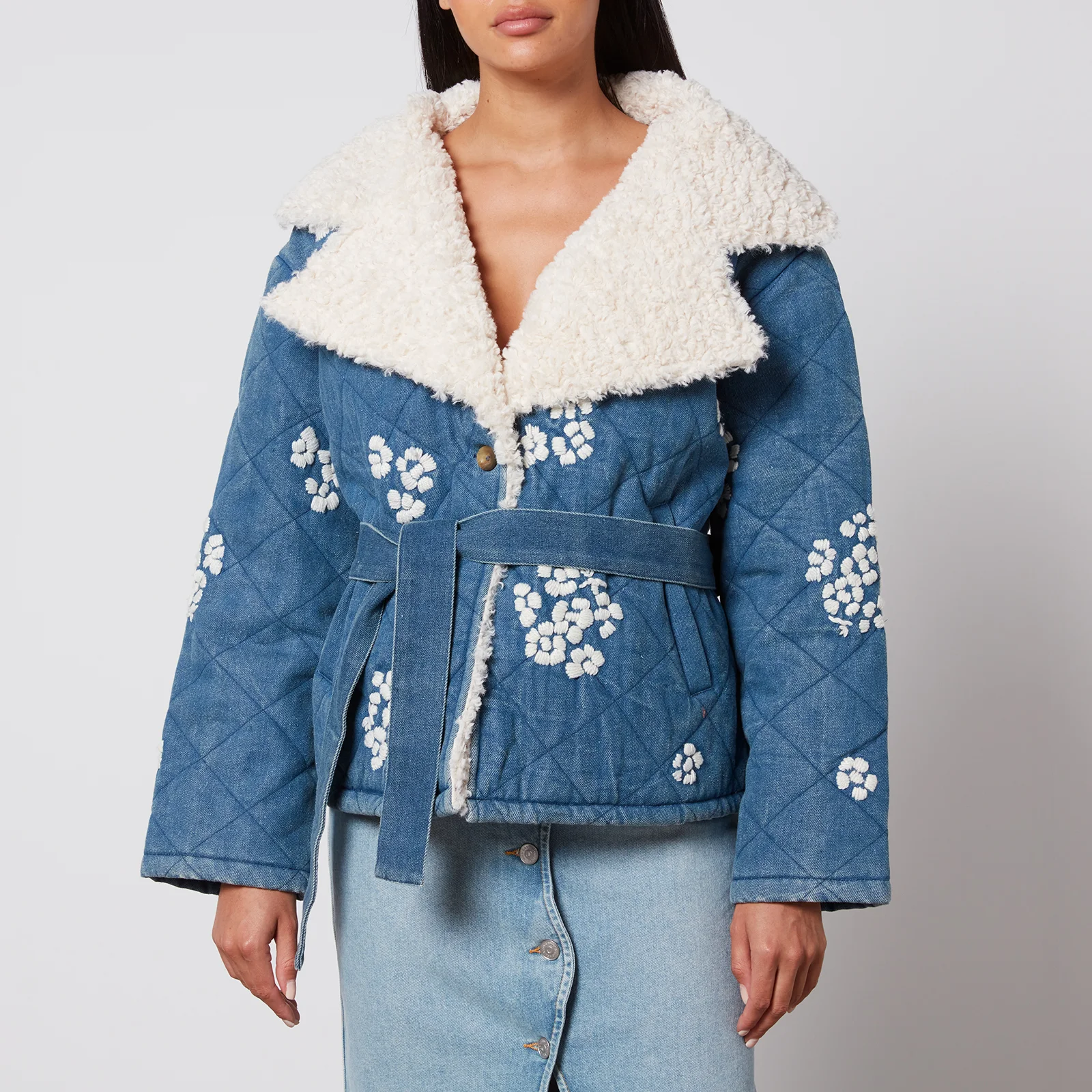 Tach Wilma Floral-Embrodiered Denim and Sherpa Jacket - S Image 1